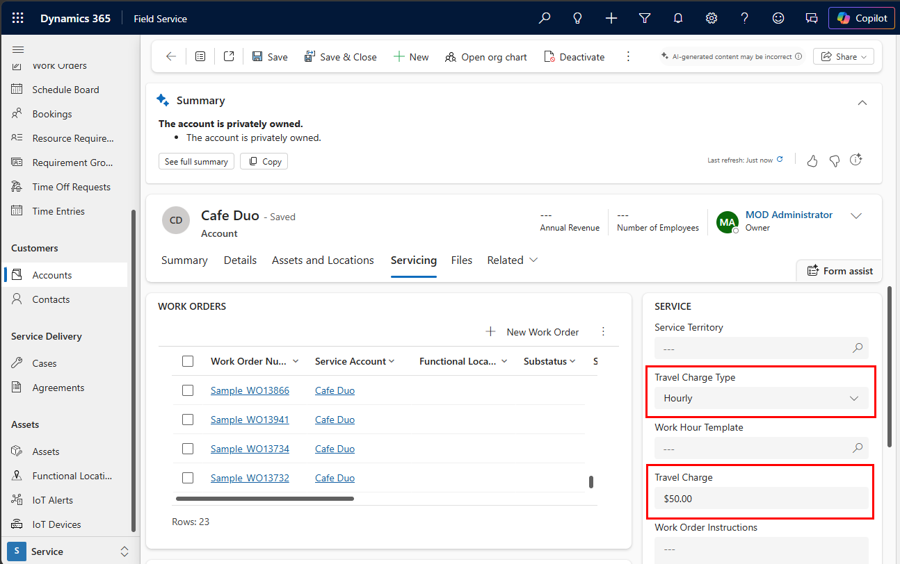 Screenshot of a service account's Servicing tab with travel charges highlighted.