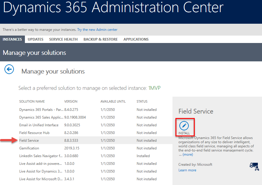 Screenshot of the Dynamics 365 admin center on the Instances tab.
