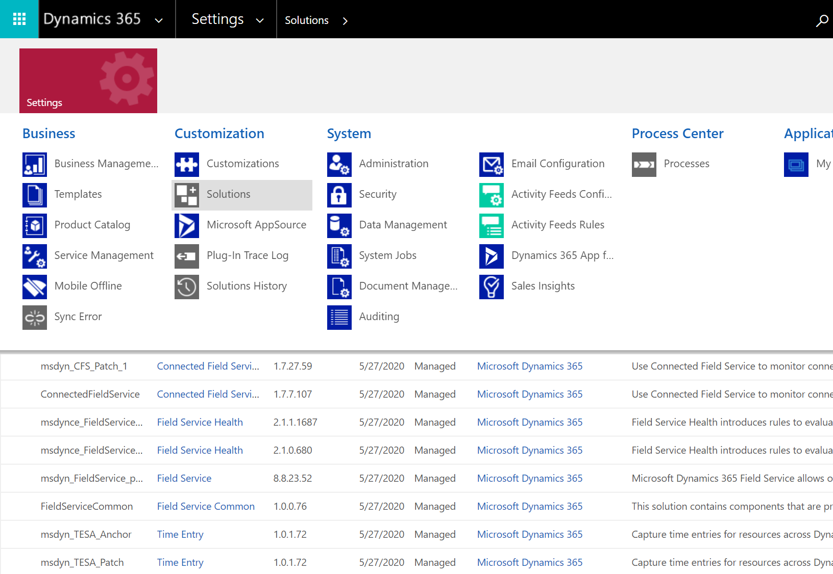 Screenshot of Dynamics 365 admin settings, with attention to Solutions.