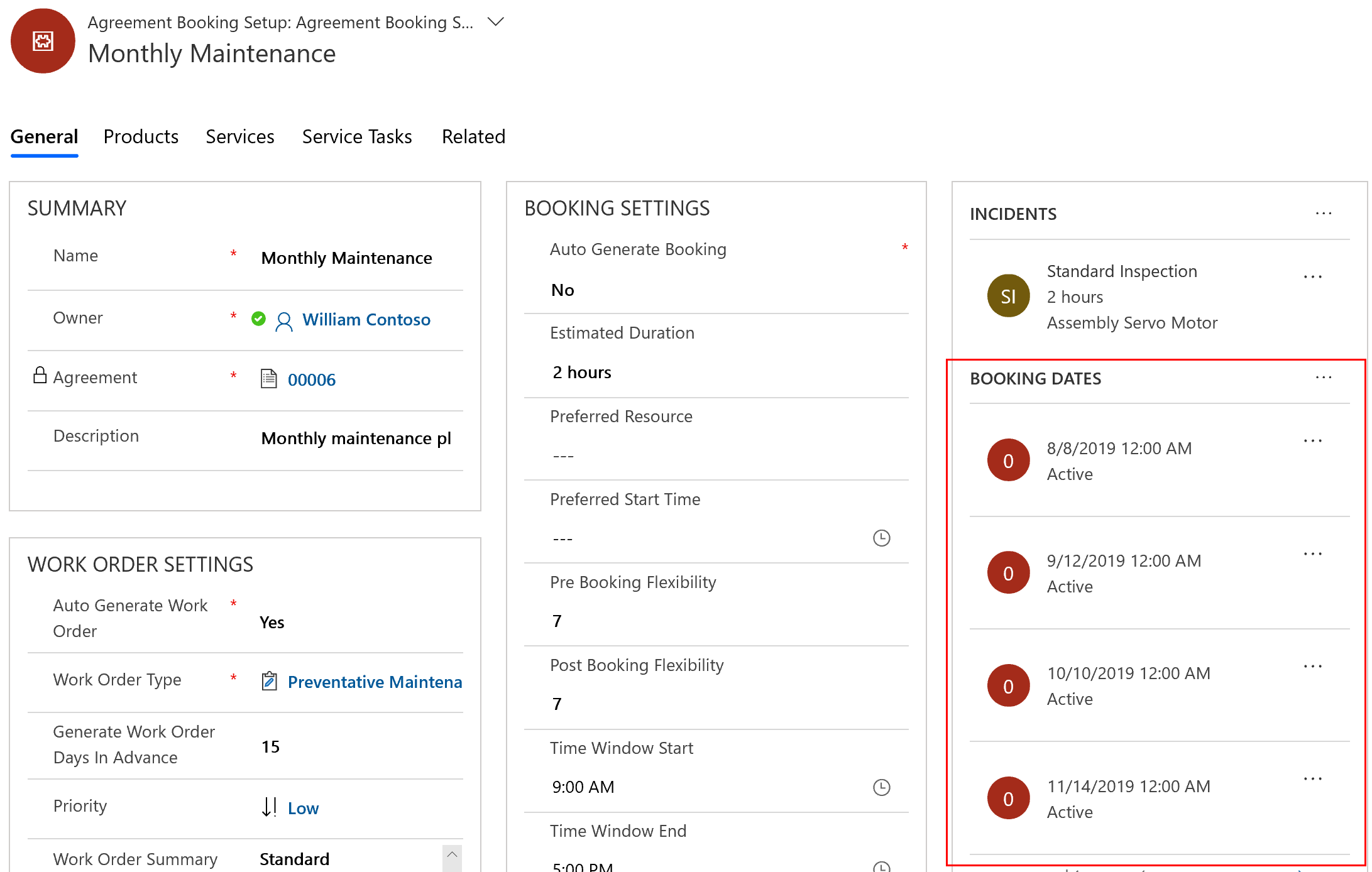 Screenshot of the same agreement booking setup, showing the booking dates options that have appeared.