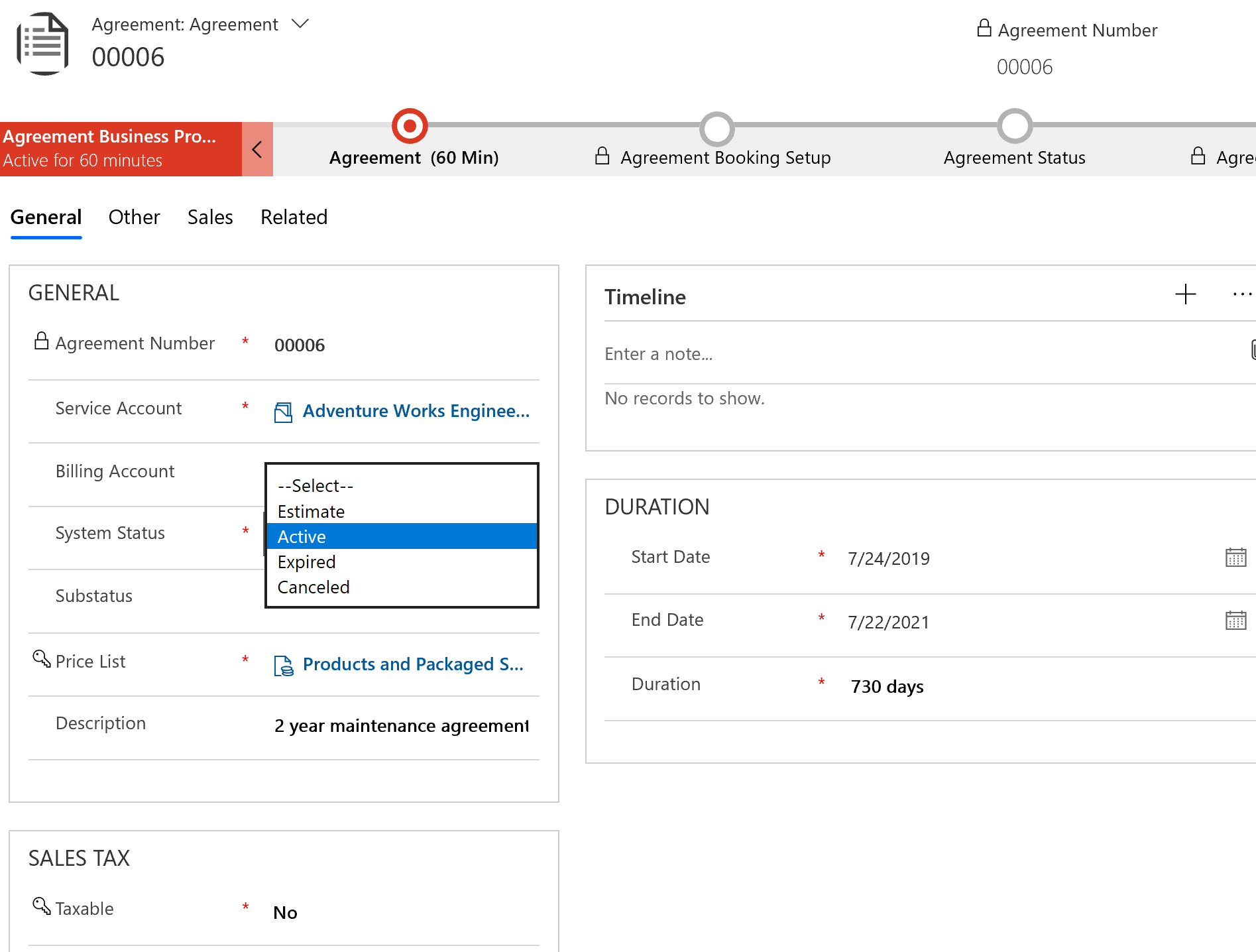 Screenshot of an agreement with the system status set to Active.