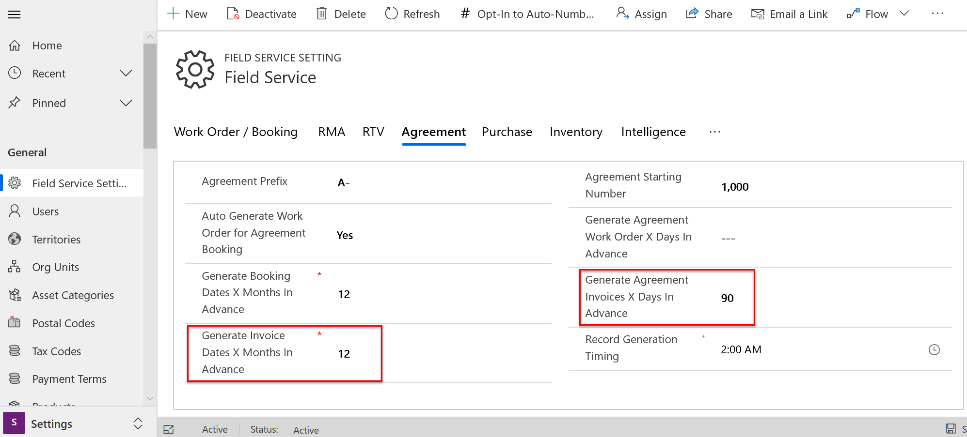 Screenshot of Field Service settings with focus on the Generate Agreement Invoices X Months in Advance and the Generate Invoice Agreements X Days in Advance fields.