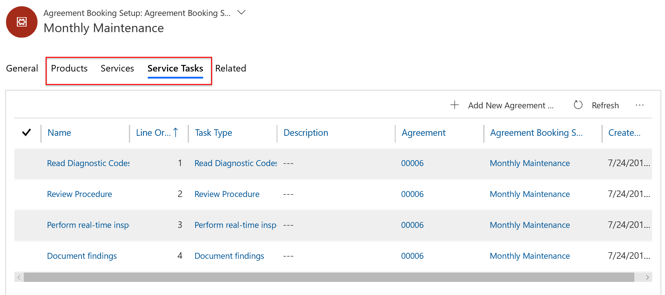 Screenshot of the agreement booking setup, with focus on the products, services, and service tasks tabs.