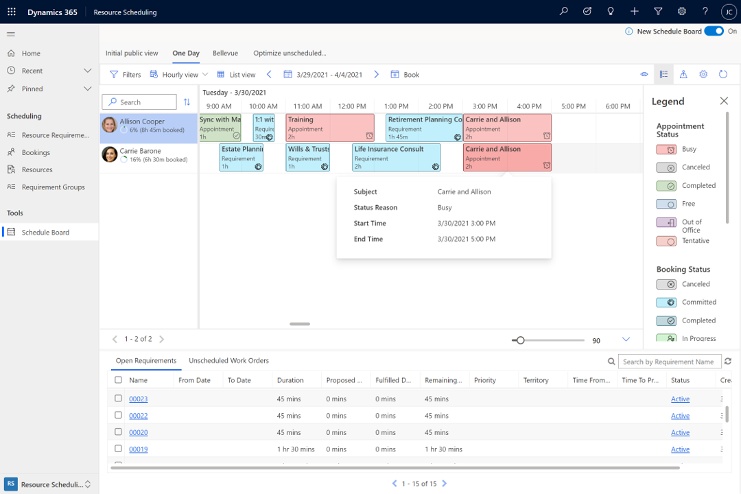 Appointments included in resource scheduling in Dynamics 365 Field