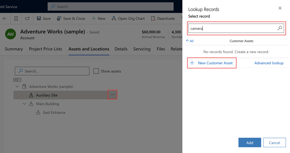 Screenshot of the customer asset lookup pane on an account record.