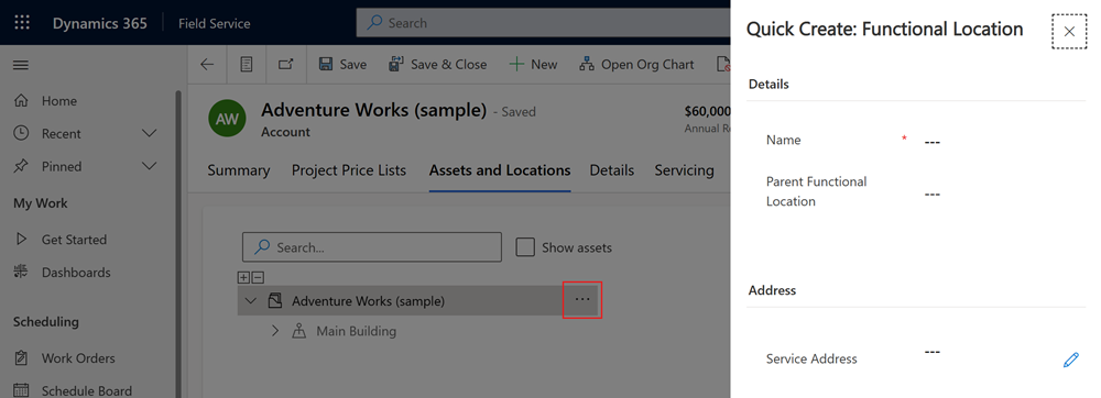 Screenshot of the assets and locations tab on an account record.