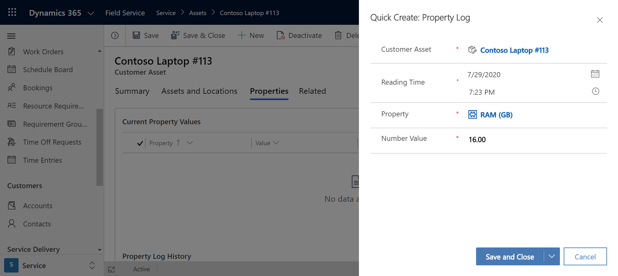 Screenshot of the Property Log for a customer asset.