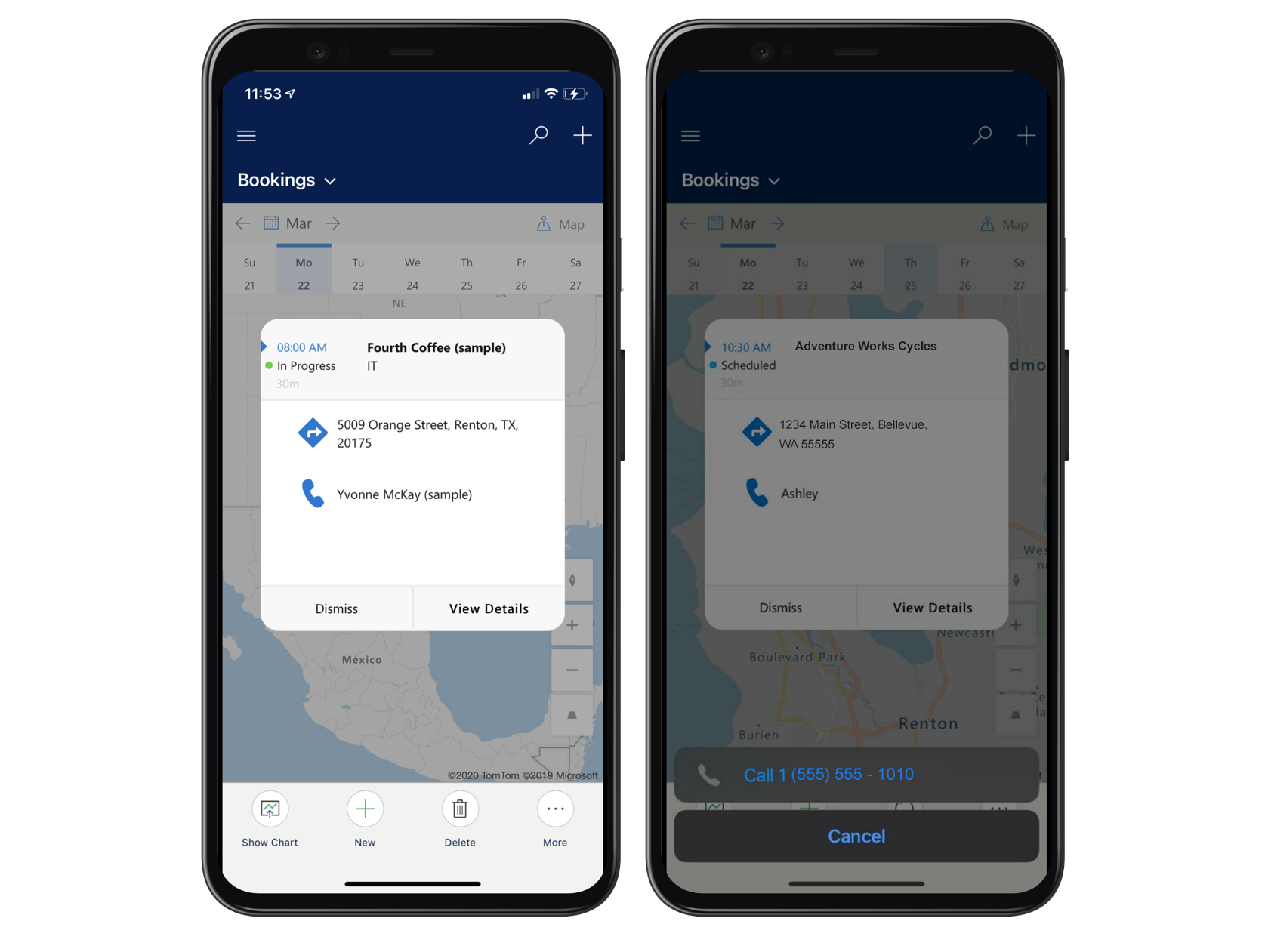 Field Service mobile, showing options for directions and for calling the customer.