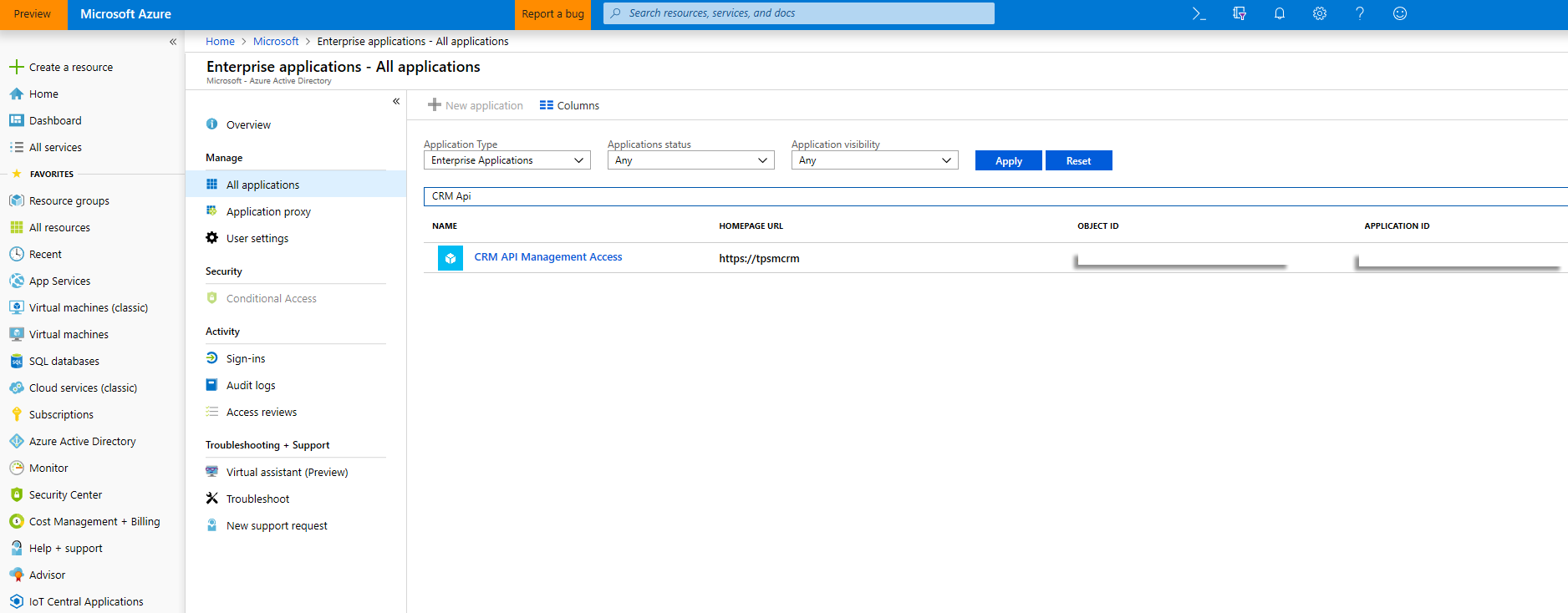Screenshot of CRM API access.
