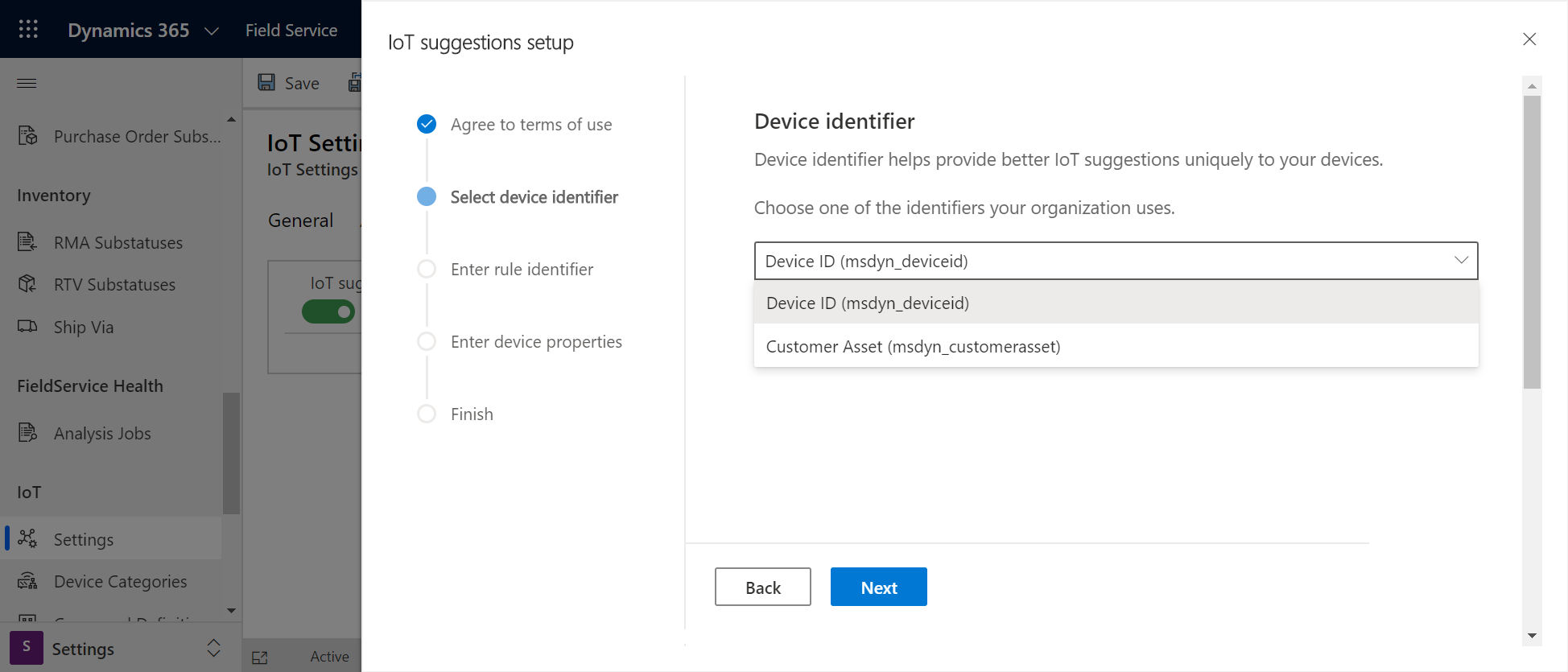 Screenshot of the IoT suggestions setup screen, showing the device identifier section.