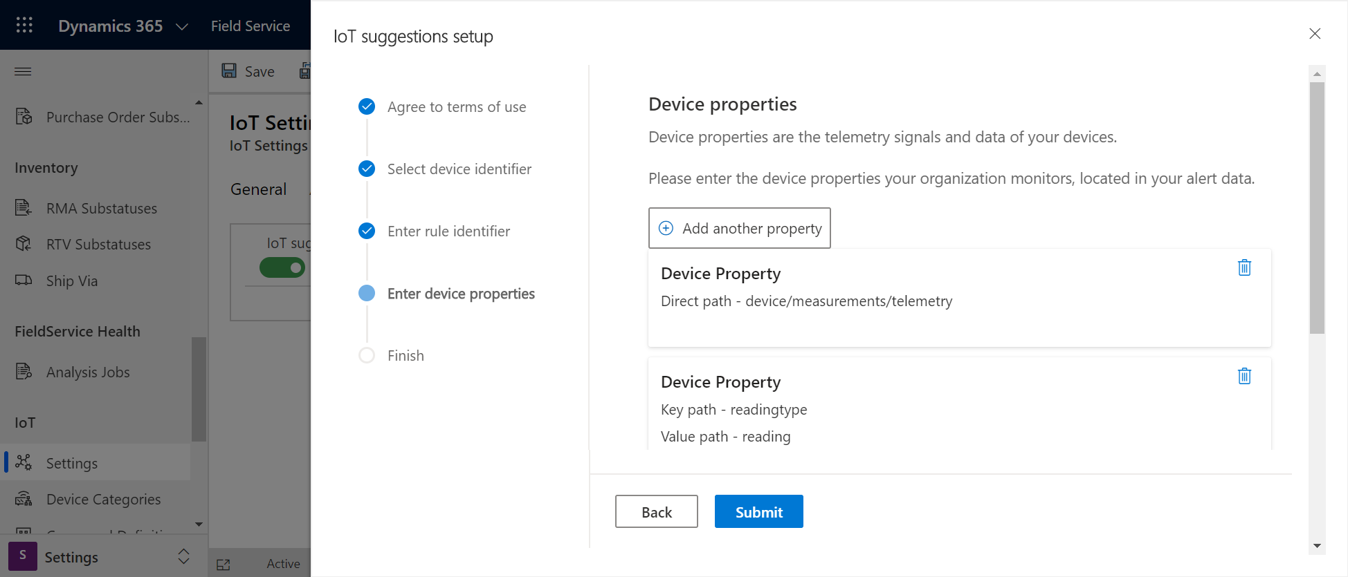 Screenshot of the IoT suggestions setup screen, showing the device properties section.