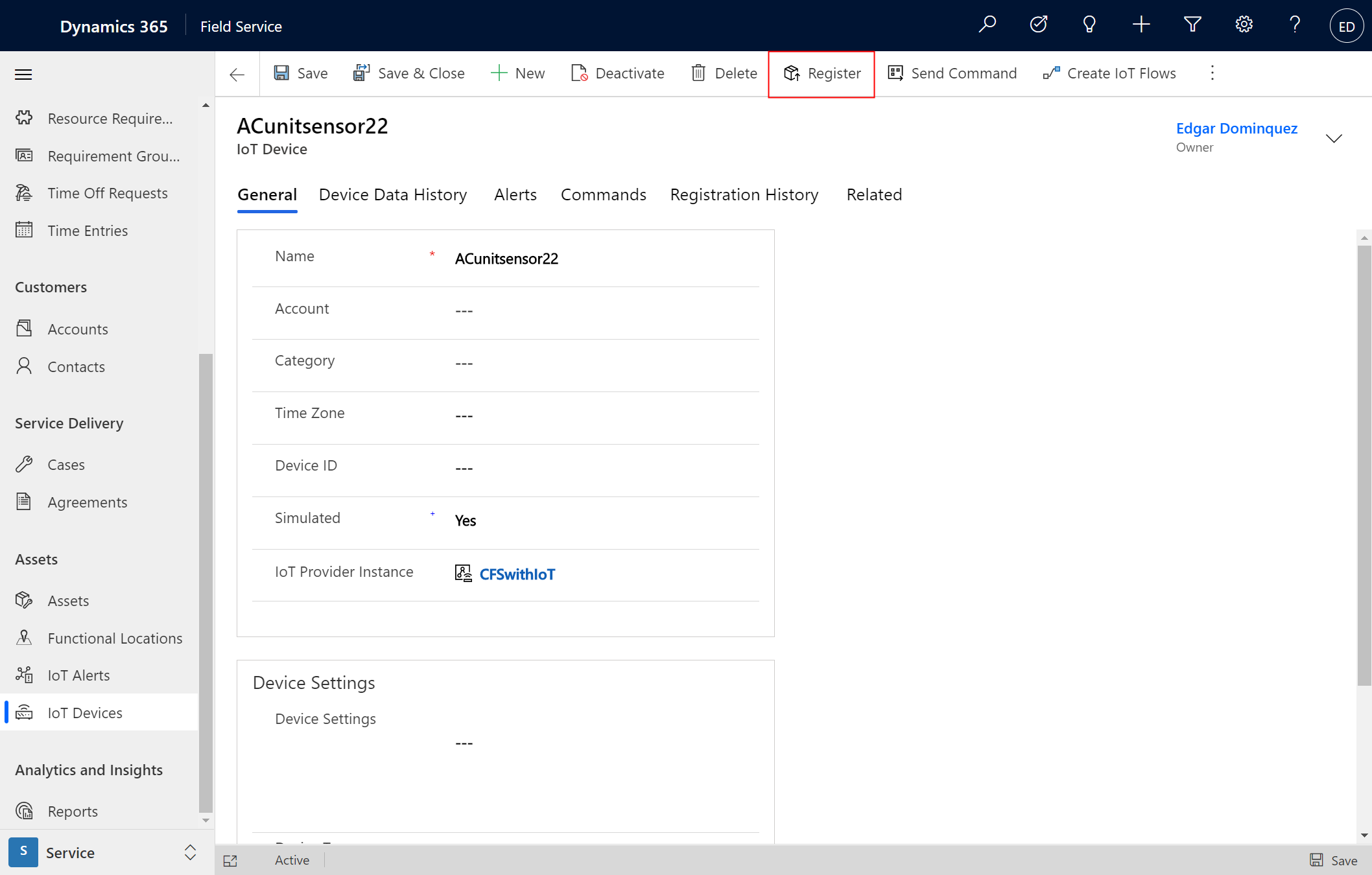 Screenshot of the register option on an IoT device in Field Service.