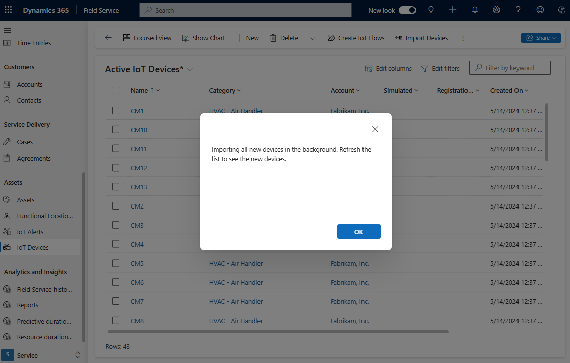 Screenshot of Field Service on the Active IoT Devices list, showing the import message.