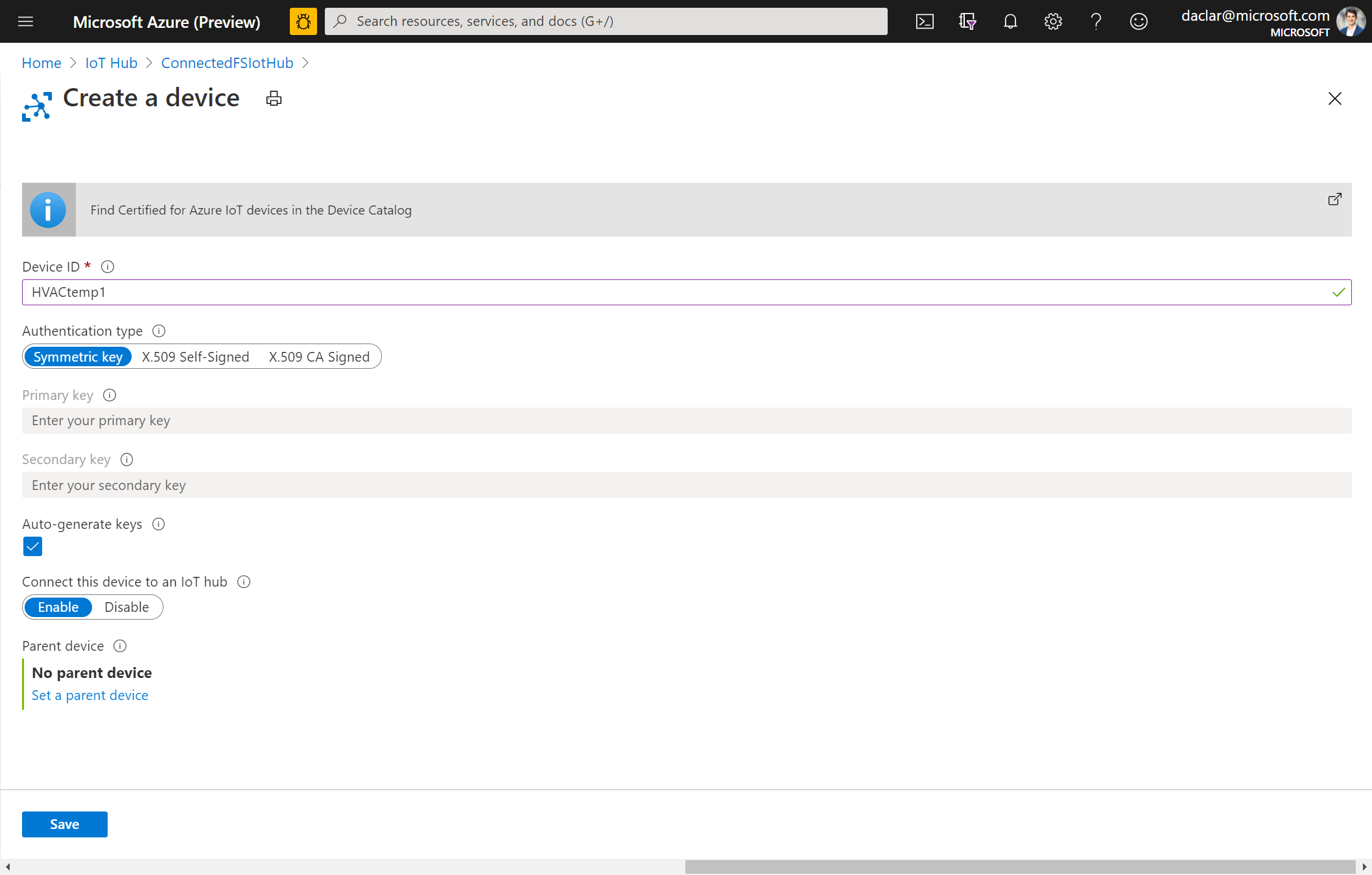 Screenshot of the create a device dialog in Azure IoT Hub.