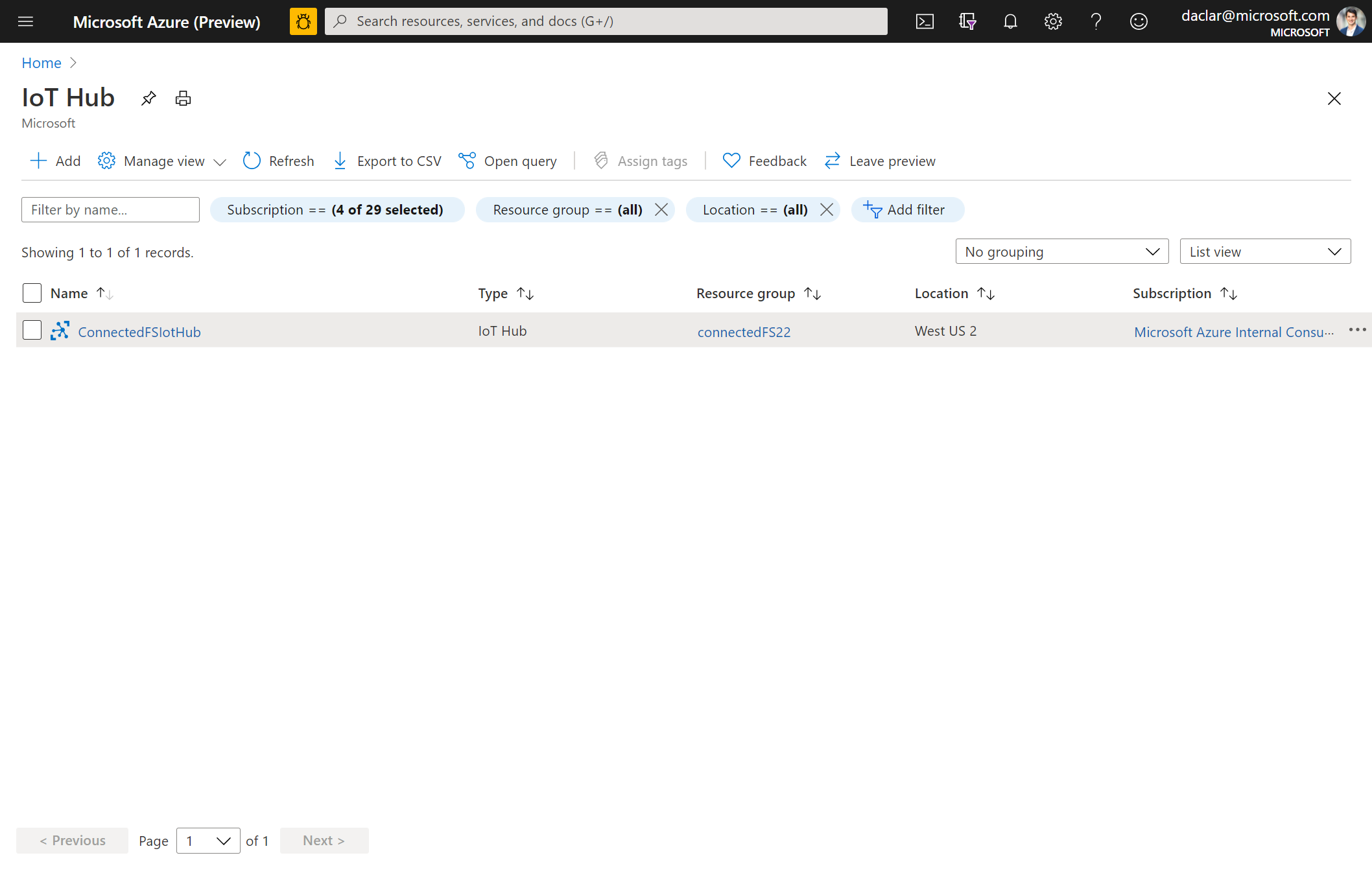 Screenshot of Azure IoT hub, showing environments.