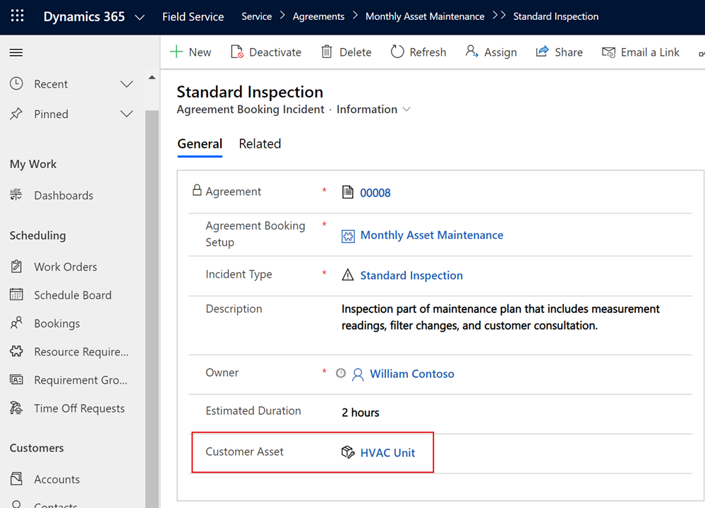 Screenshot of an agreement booking incident showing the related customer asset.