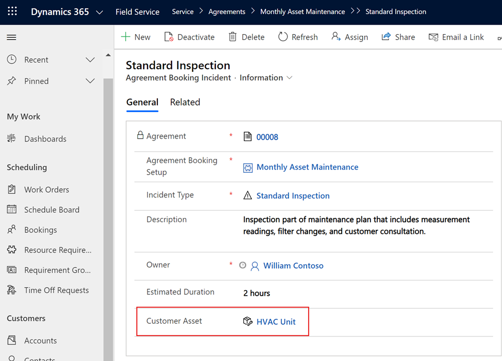 Screenshot of an agreement booking incident, with the customer asset highlighted.