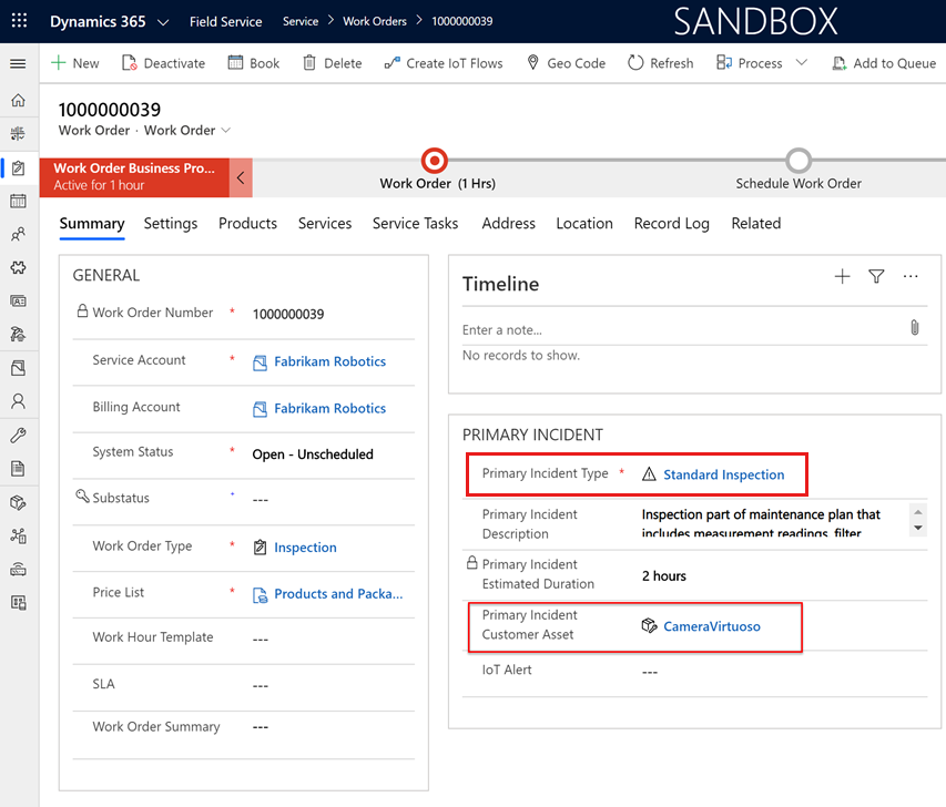 Screenshot of a work order, with the primary incident customer asset highlighted.