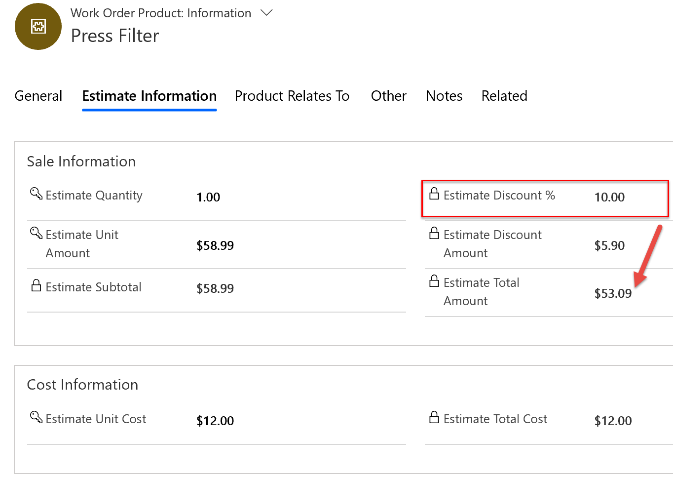 Screenshot of discount applied to work order product from the entitlement.