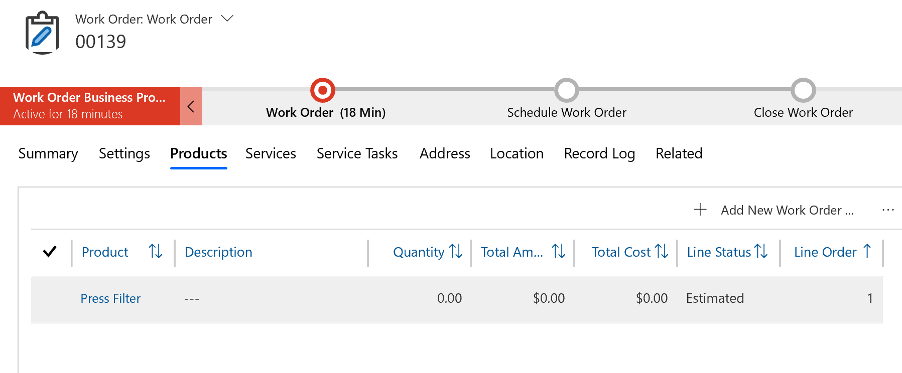Screenshot of work order product list.