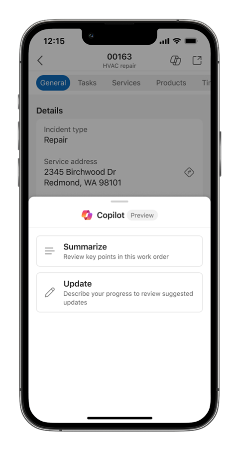 Mobile device showing the Copilot control with options to Summarize and Update work orders.