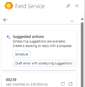 Screenshot of the Field Service pane in Outlook, showing Draft email scheduling suggestion button