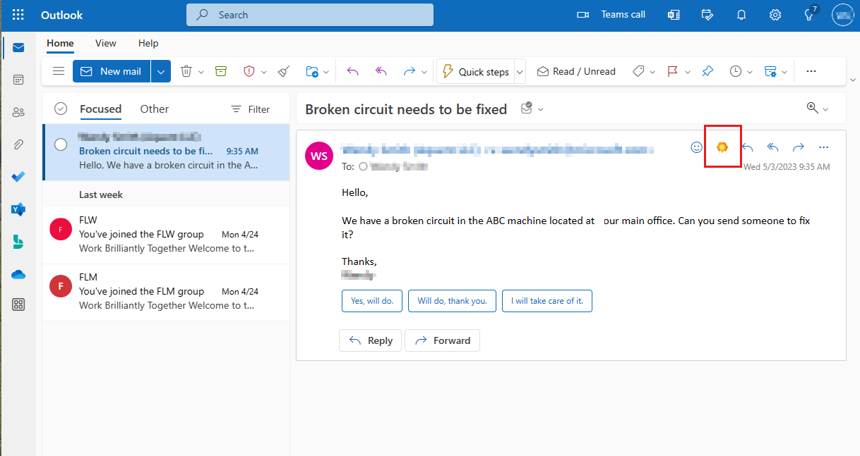 Screenshot of an email in Outlook on the web, with the Field Service icon highlighted.