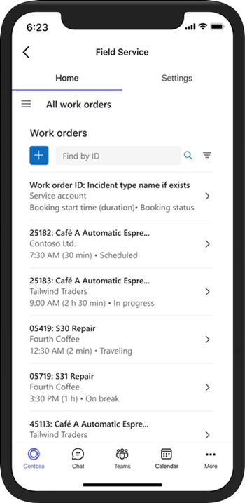 Mobile device rendering showing the list of all work orders in the Field Service Teams app