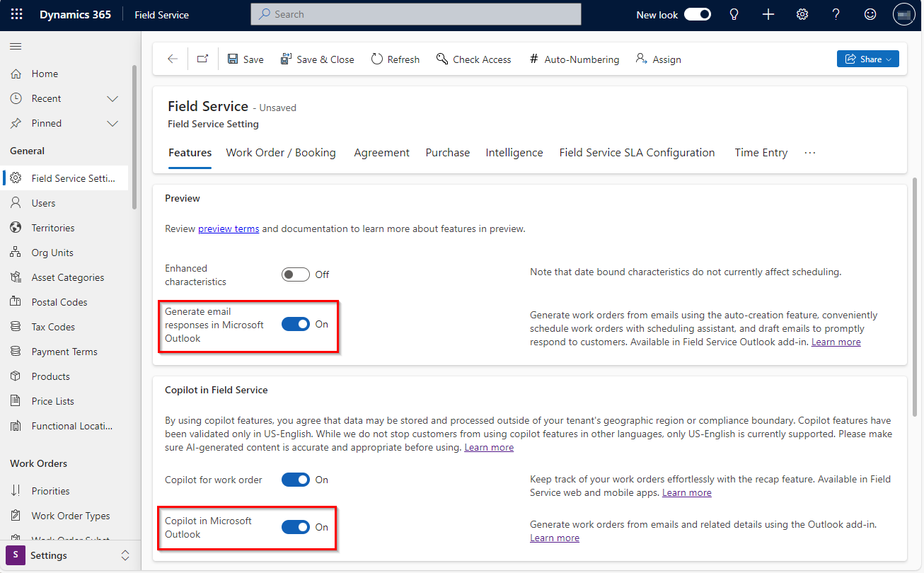 Field Service Settings page with Outlook Add-in Copilot highlighted.
