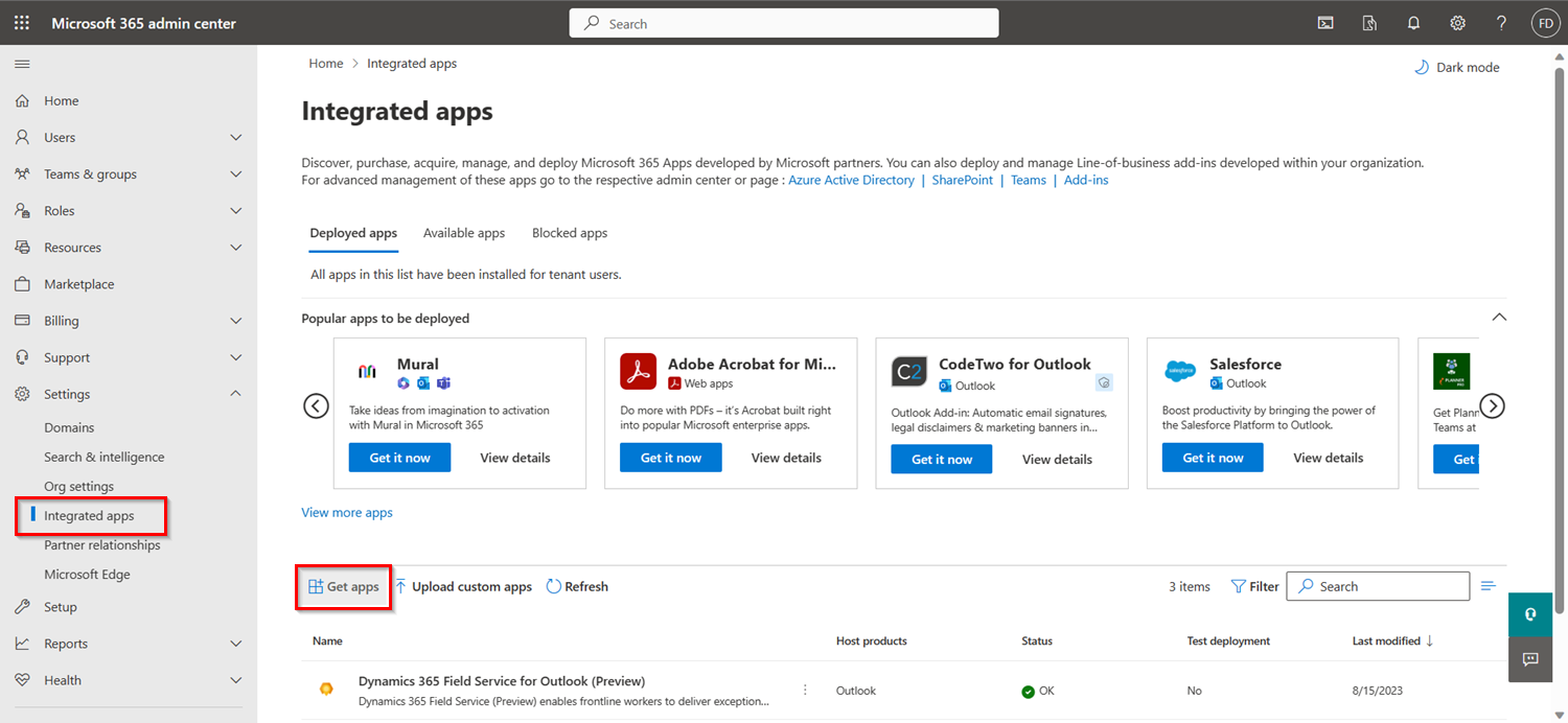 Microsoft admin center with Integrated apps highlighted