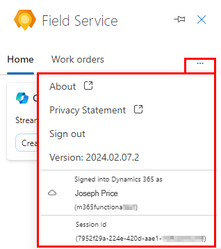 Screenshot of Field Service Outlook pane showing version number, session ID, and links to overview and privacy statement.