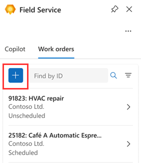Field Service (Preview) Outlook pane Work Orders tab highlighting the Create button