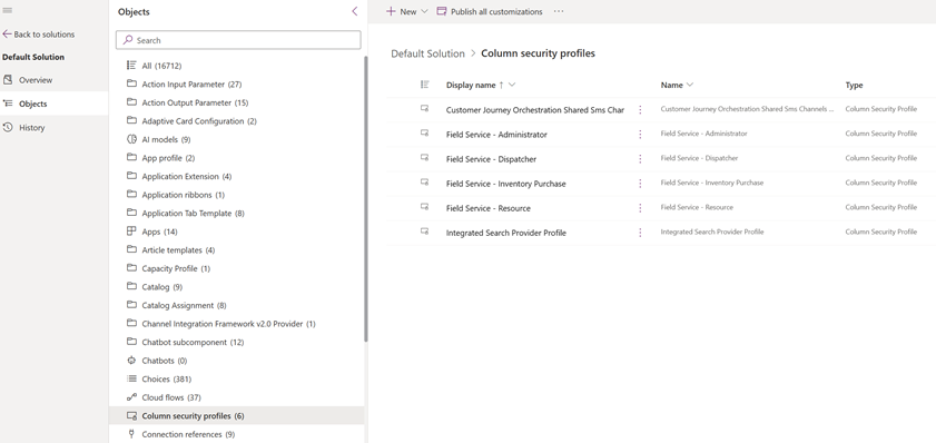 PowerApps screenshot showing Column security profiles selection
