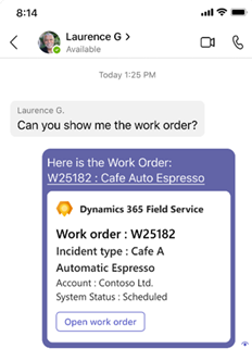 Screenshot of Field Service Teams work order link unfurled