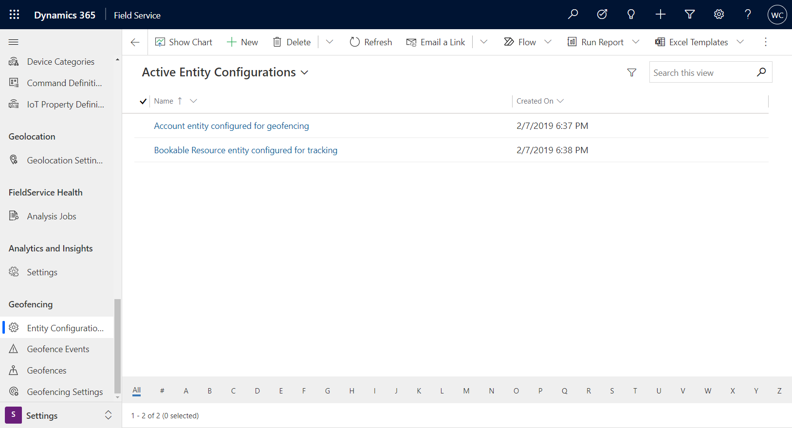 Screenshot of Field Service showing active entity configurations.