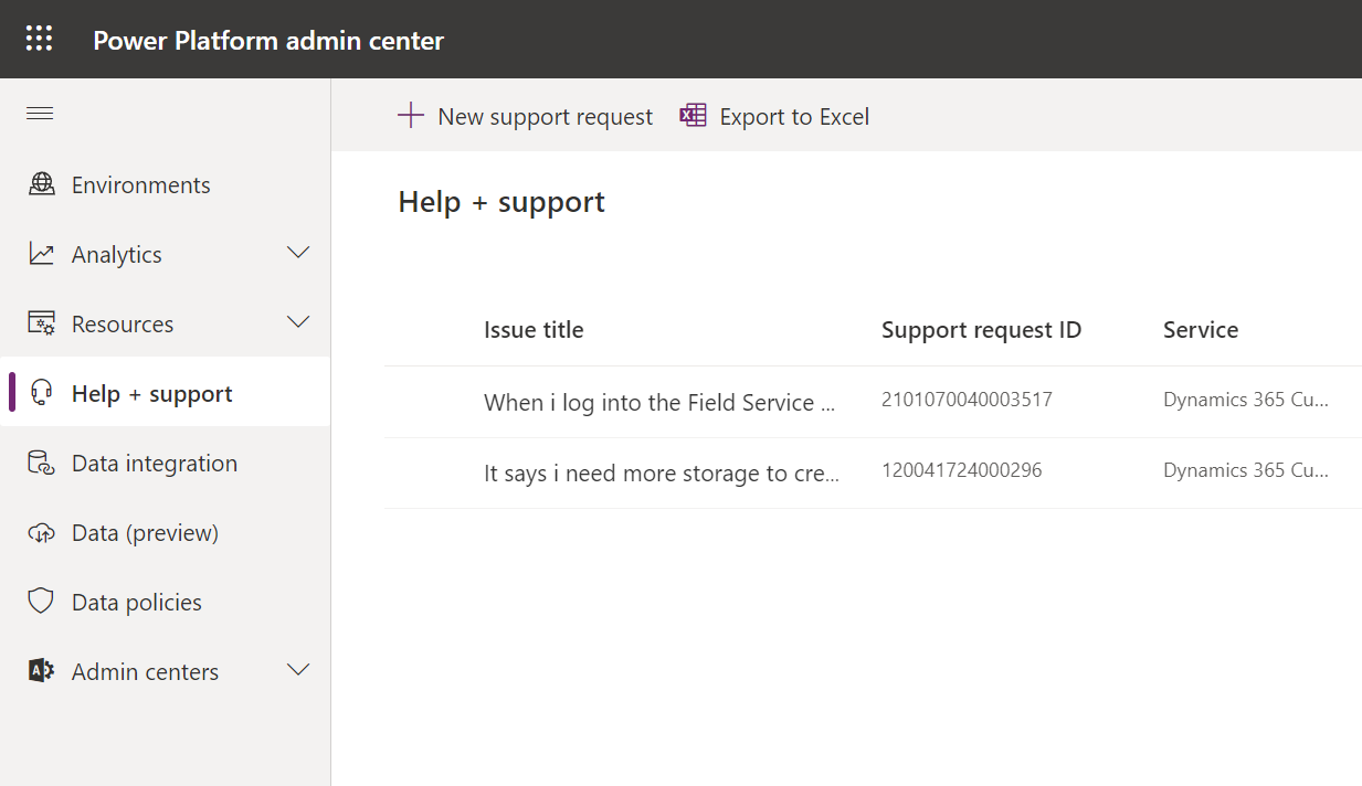 Power Platform admin center, showing the help and support page.