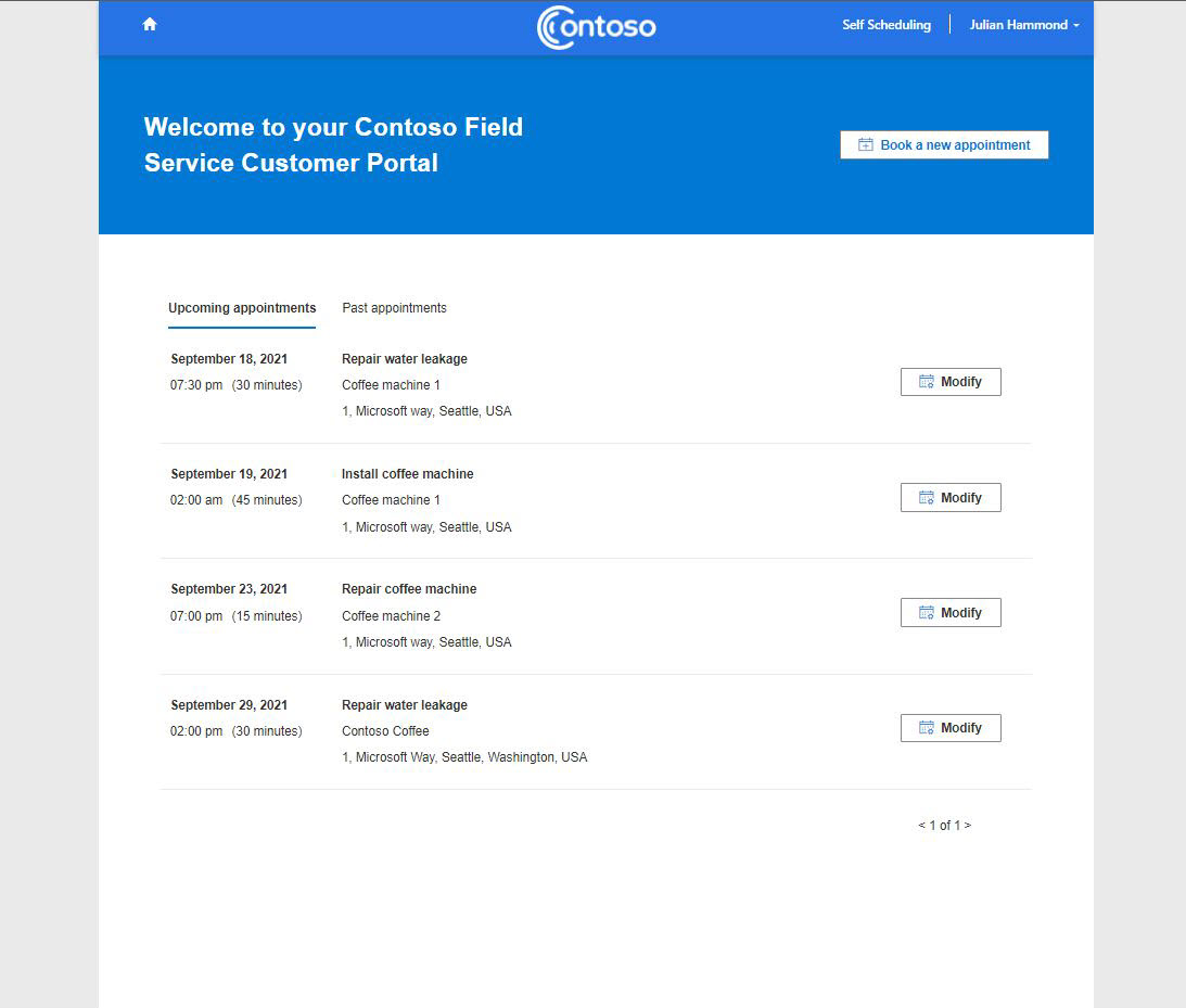 List of upcoming scheduled appointments in the customer experience portal.