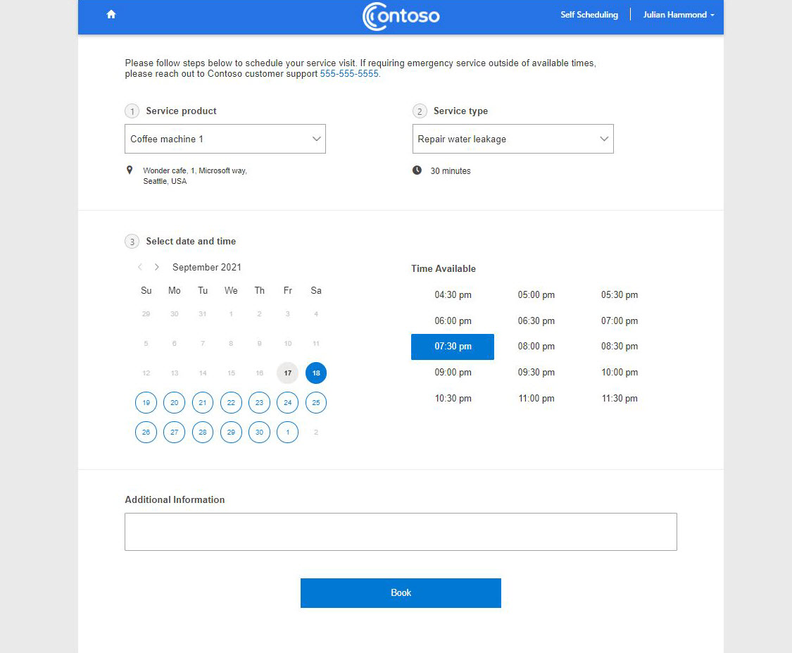 Self-scheduling page of the customer experience portal, showing booking options.