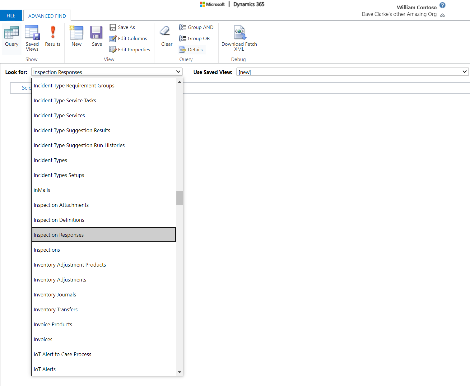 Screenshot of inspection responses showing up in the lookup dropdown in an advanced find window.