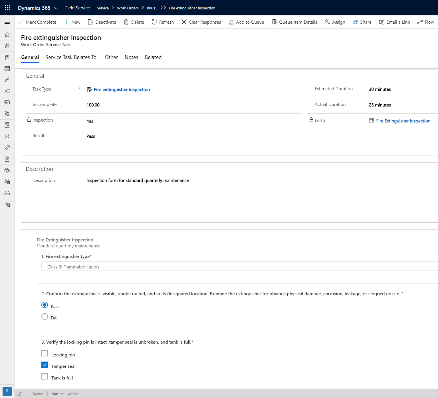 Screenshot of Field Service on a desktop, showing the work order service task and the completed inspection form at the bottom.