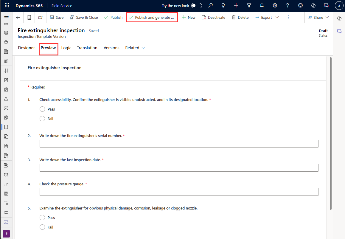 Screenshot of the Field Service inspection, highlighting both the preview tab and the publish option.