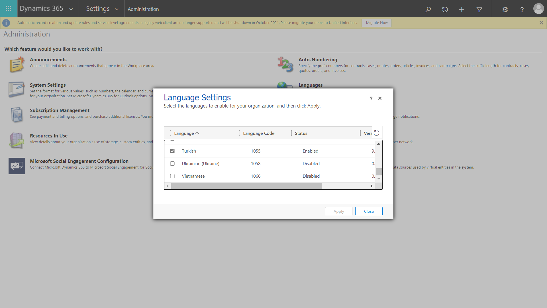 Screenshot of the language settings the Field Service.