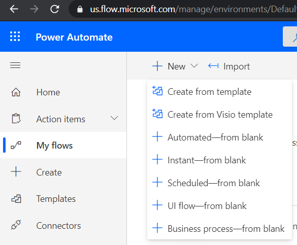 Screenshot of Power Automate, on the New dropdown menu showing Automated - from blank.