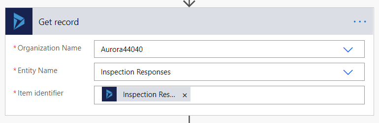 Screenshot of Power Automate showing the get record part of a flow showing inspection responses in the item identifier field.