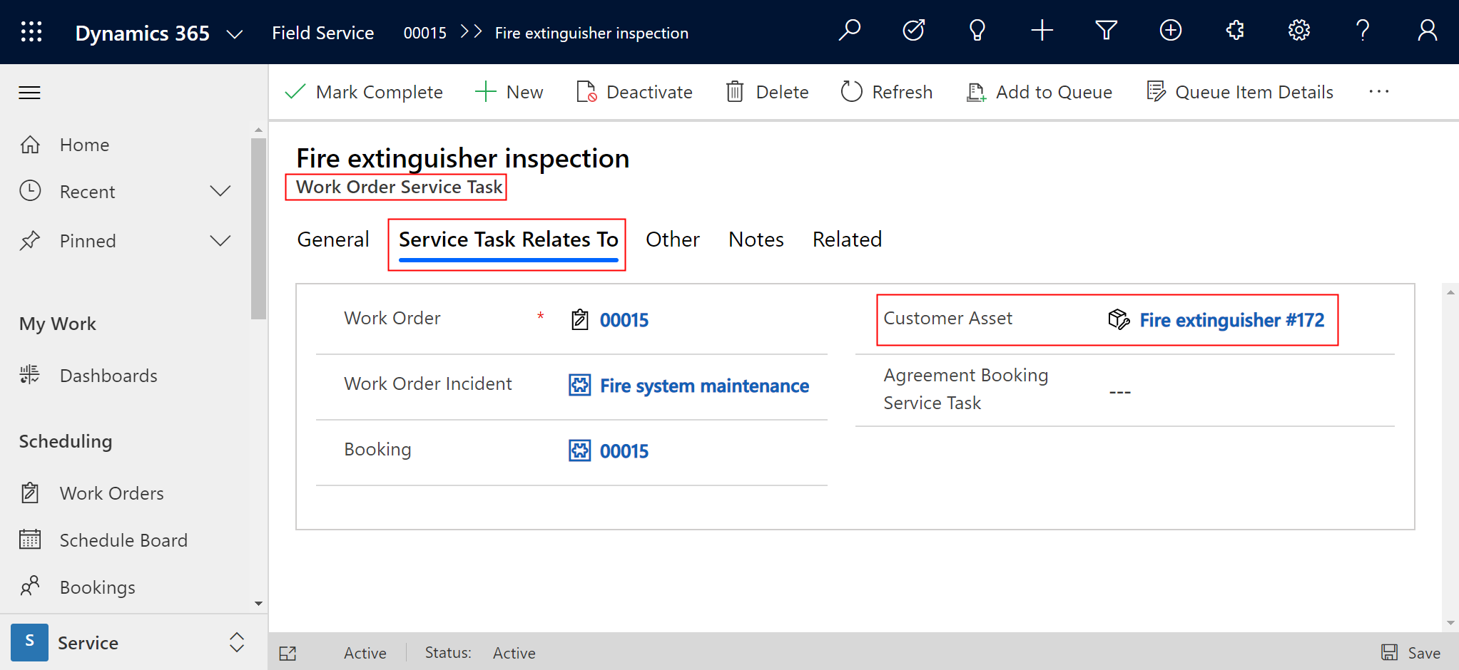 Screenshot of the work order service task showing the Service Task Relates To tab, highlighting an associated customer asset.