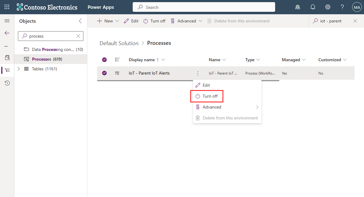 Power Apps, showing a list of processes with attention to the "IoT - Flow - Parent IoT Alerts" process.