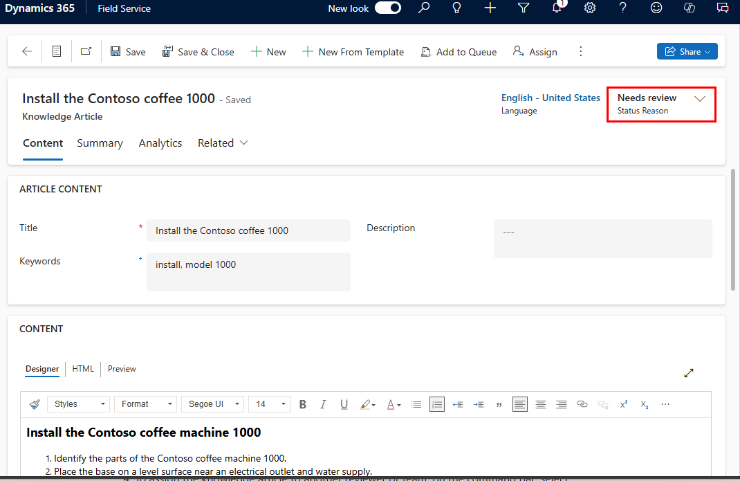 Create, review, and publish knowledge articles - Dynamics 365 Field ...