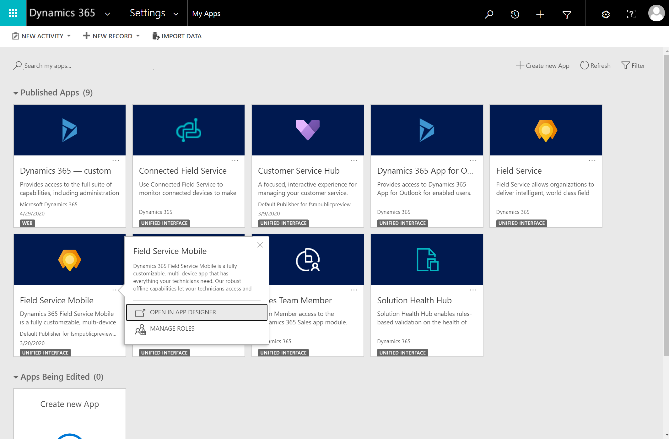 Screenshot of Dynamics 365, showing the list of apps and showing the option to open Field Service Mobile in the App Designer.