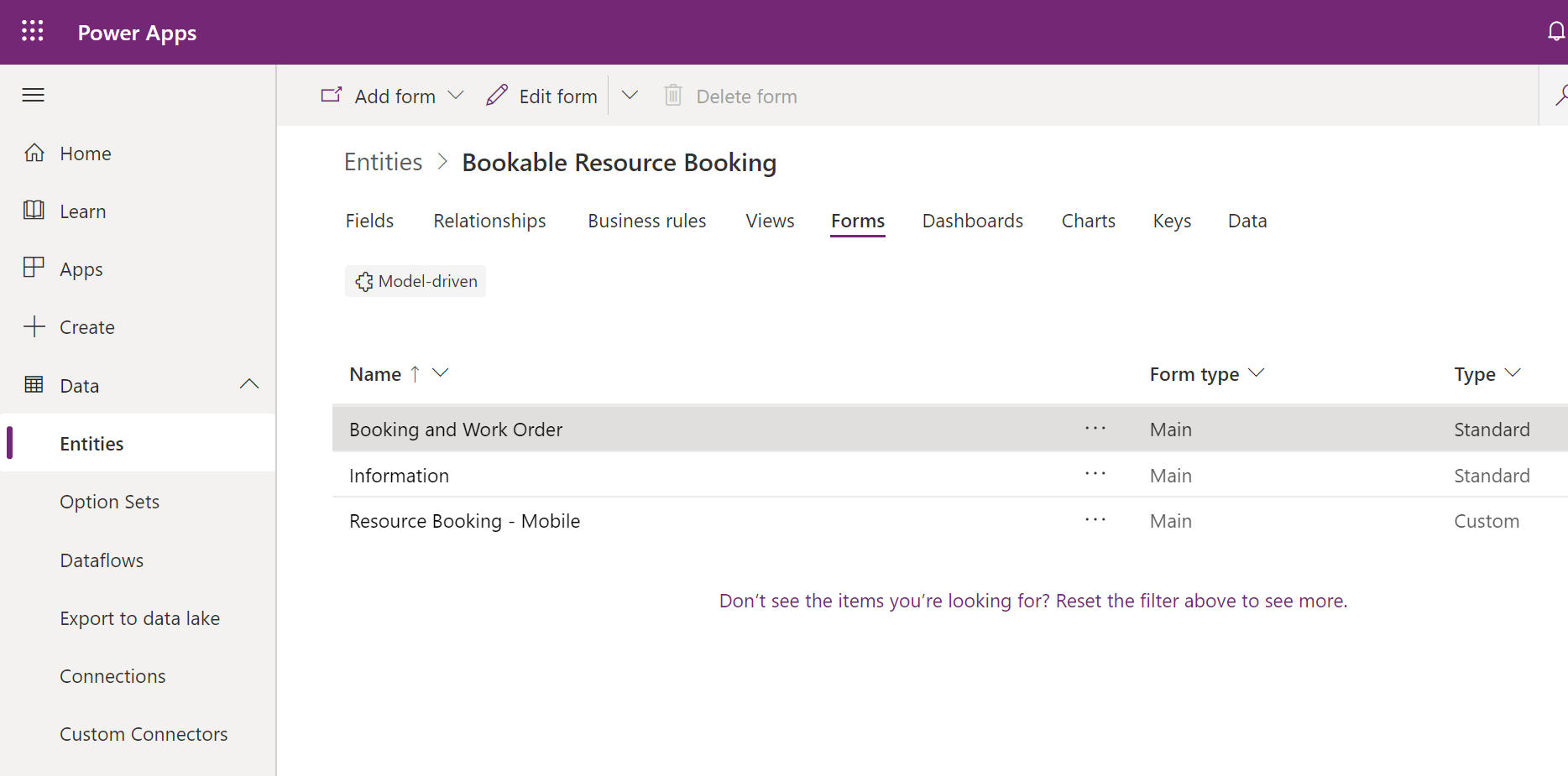 Screenshot of a Bookable Resource Booking in Power Apps, showing the Booking and Work Order form.