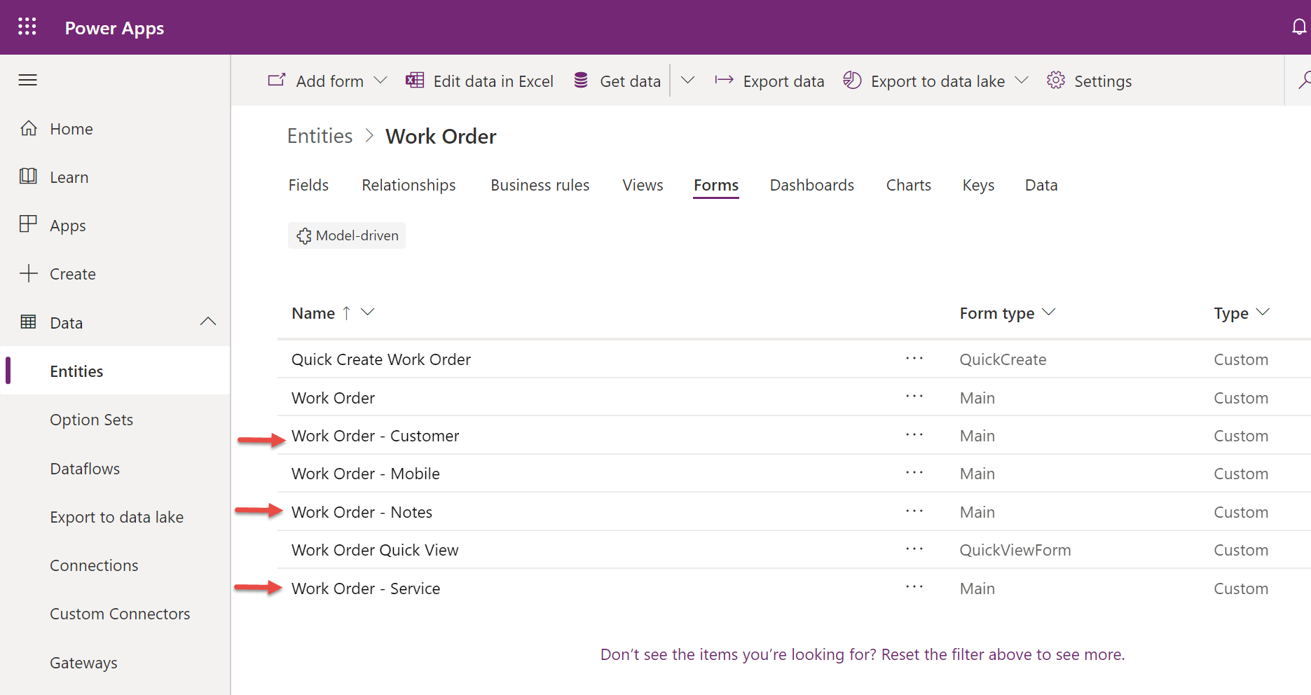 Screenshot of Power Apps showing the work order form details.